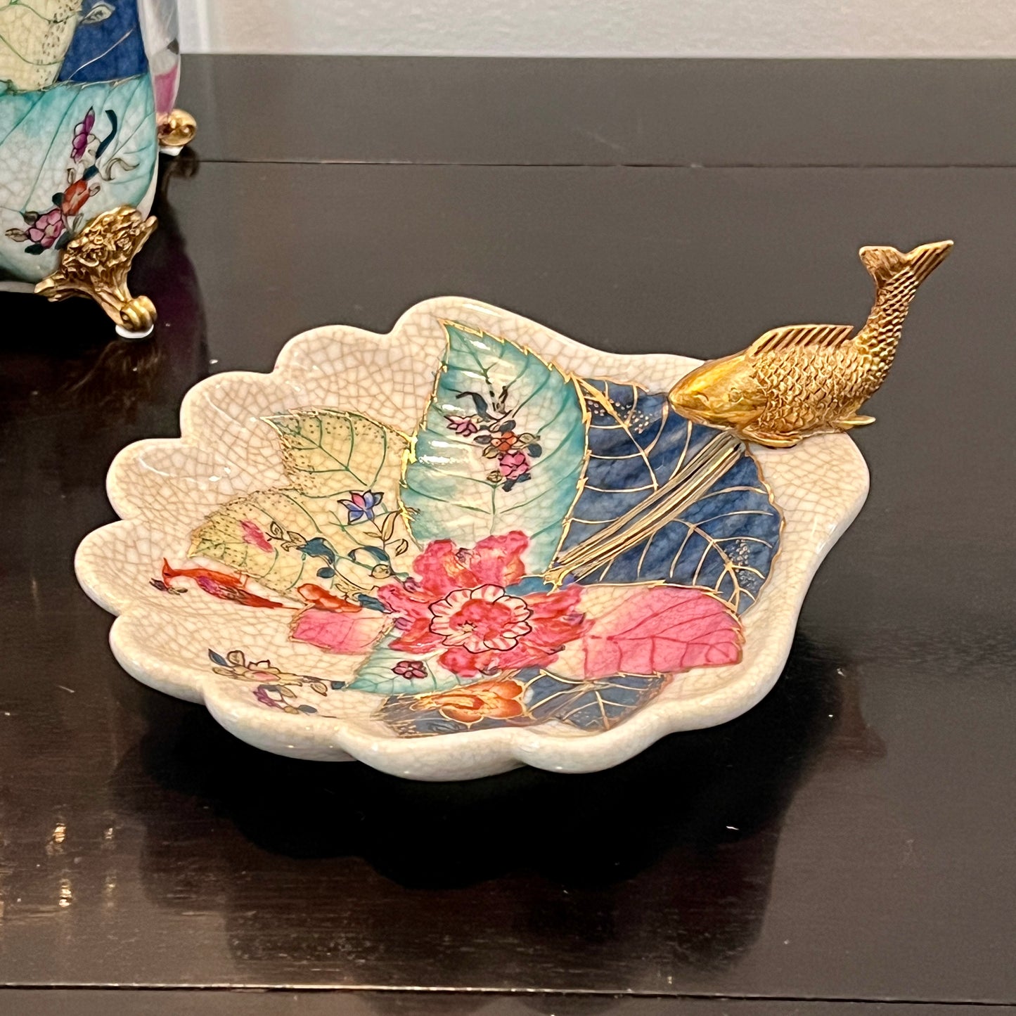 Tobacco Leaf Porcelain and Bronze Jewelery Trinket Bowl Koi Fish