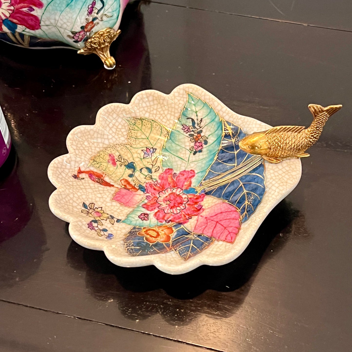 Tobacco Leaf Porcelain and Bronze Jewelery Trinket Bowl Koi Fish