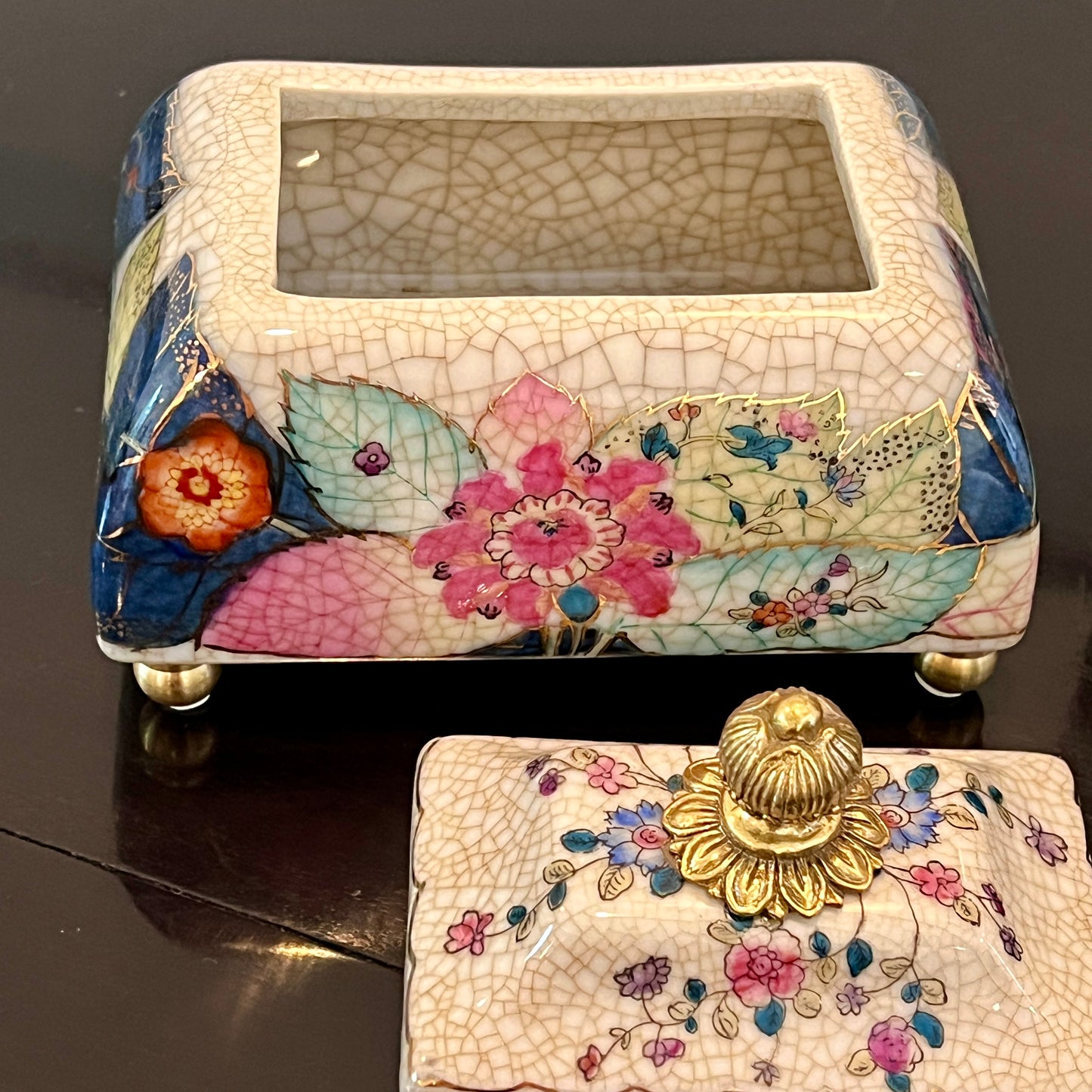 Vintage Tobacco Leaf Porcelain and Bronze Jewelry Trinket Box - Lidded Keepsake