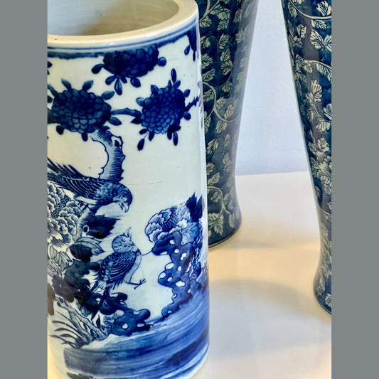 Blue and White Peony and Bird Hat Stand Vase