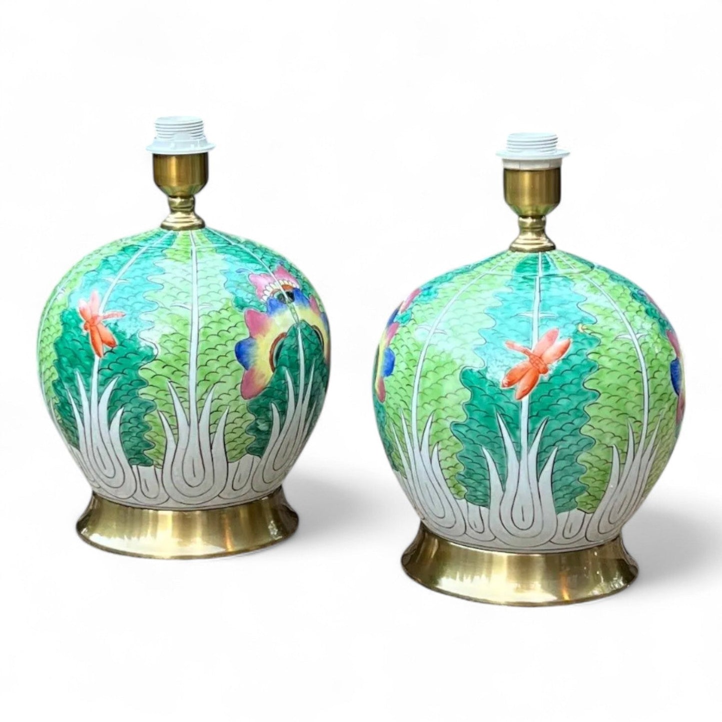 Pair of Hand Painted Famille Verte Globe Lamps – Bok Choy