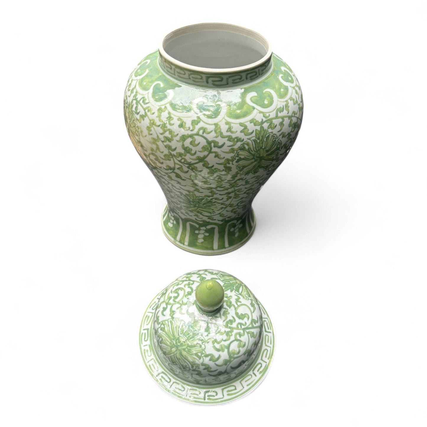 Green and White Lidded Porcelain Jar – Hand-Painted