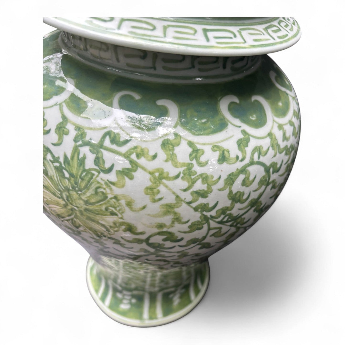 Green and White Lidded Porcelain Jar – Hand-Painted