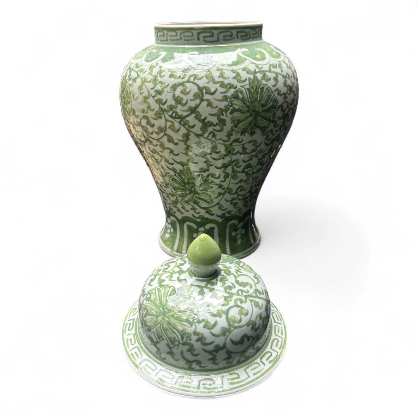 Green and White Lidded Porcelain Jar – Hand-Painted