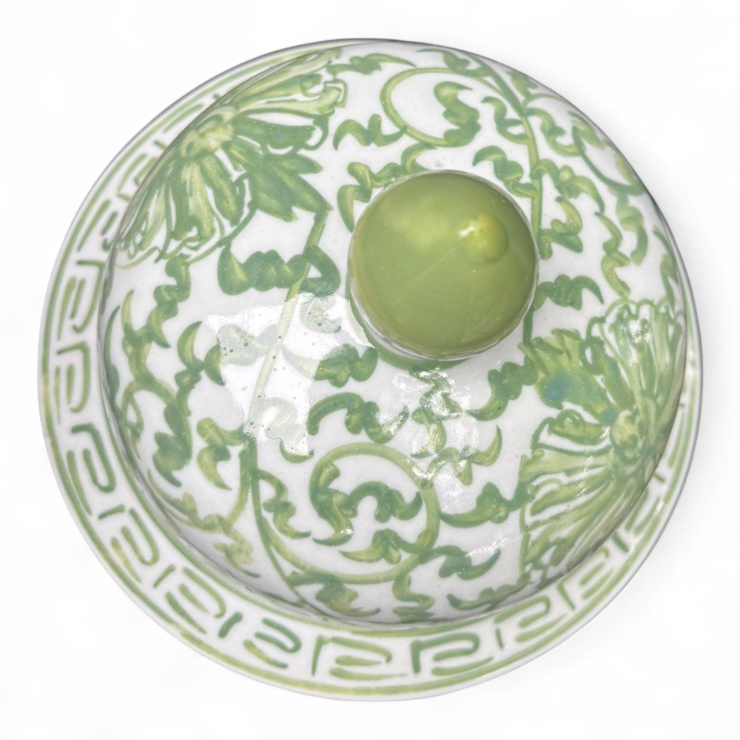 Green and White Lidded Porcelain Jar – Hand-Painted