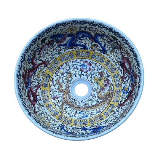 Hand-Painted Dragon Motif Porcelain Sink Basin