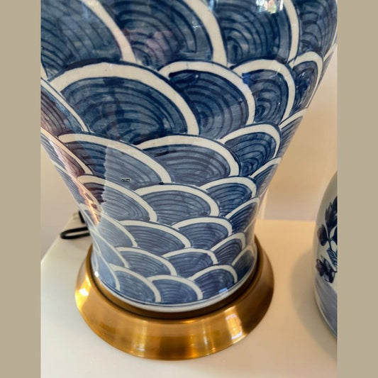 Large Blue & White Porcelain Lamp with Brass Base –