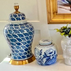 Large Blue & White Porcelain Lamp with Brass Base – Hand-Painted Ripple Wave Pattern (27")