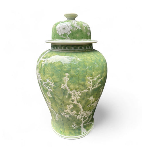 Green and White Chrysanthemum Porcelain Jar – Hand-Painted