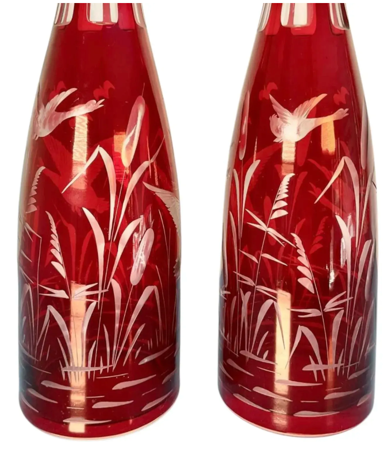 Pair of 1960s Egermann Glass Decanters – Swan Etching