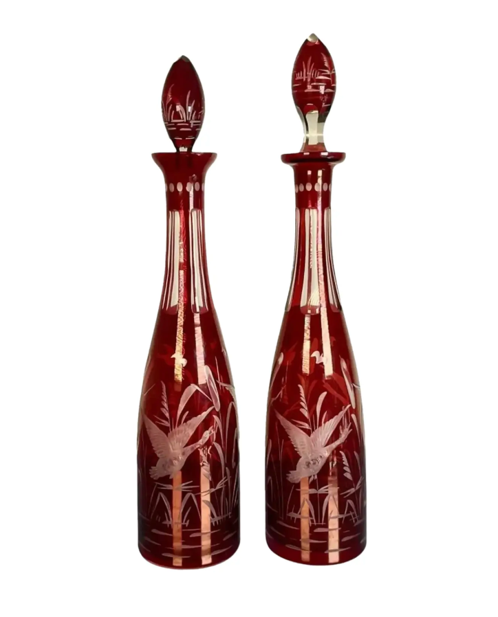 Pair of 1960s Egermann Glass Decanters – Swan Etching