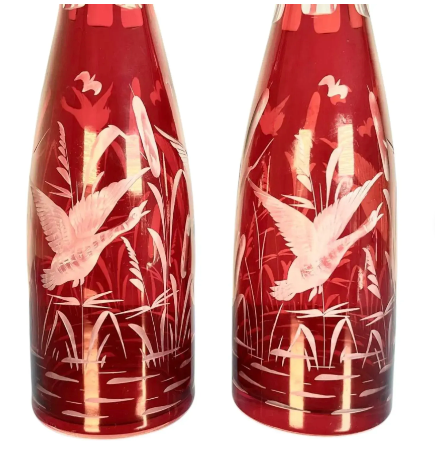 Pair of 1960s Egermann Glass Decanters – Swan Etching