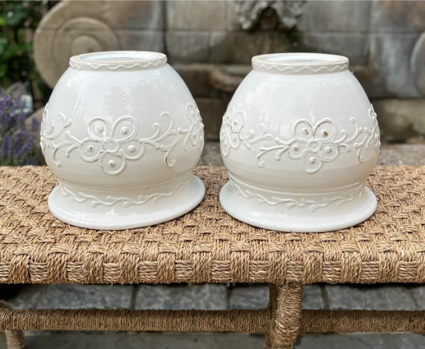 Pair of Italian Cream-Glazed Ceramic Cachepots – Embossed
