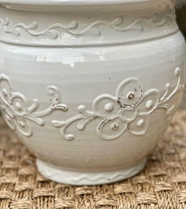 Pair of Italian Cream-Glazed Ceramic Cachepots – Embossed