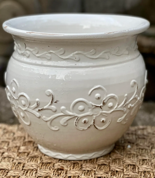 Pair of Italian Cream-Glazed Ceramic Cachepots – Embossed