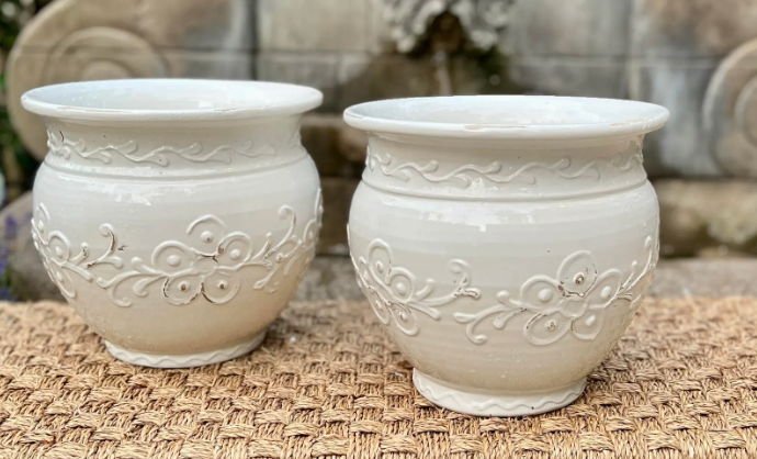 Pair of Italian Cream-Glazed Ceramic Cachepots – Embossed