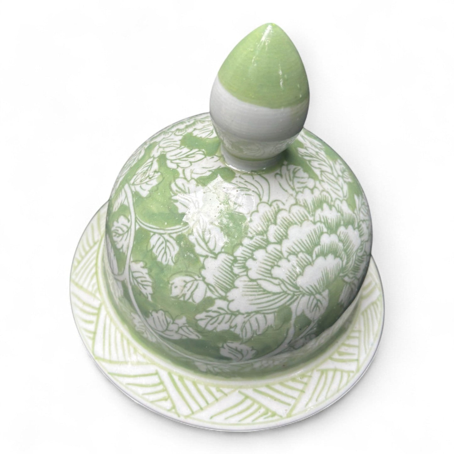Tall Green and White Porcelain Jar – Hand-Painted Lidded