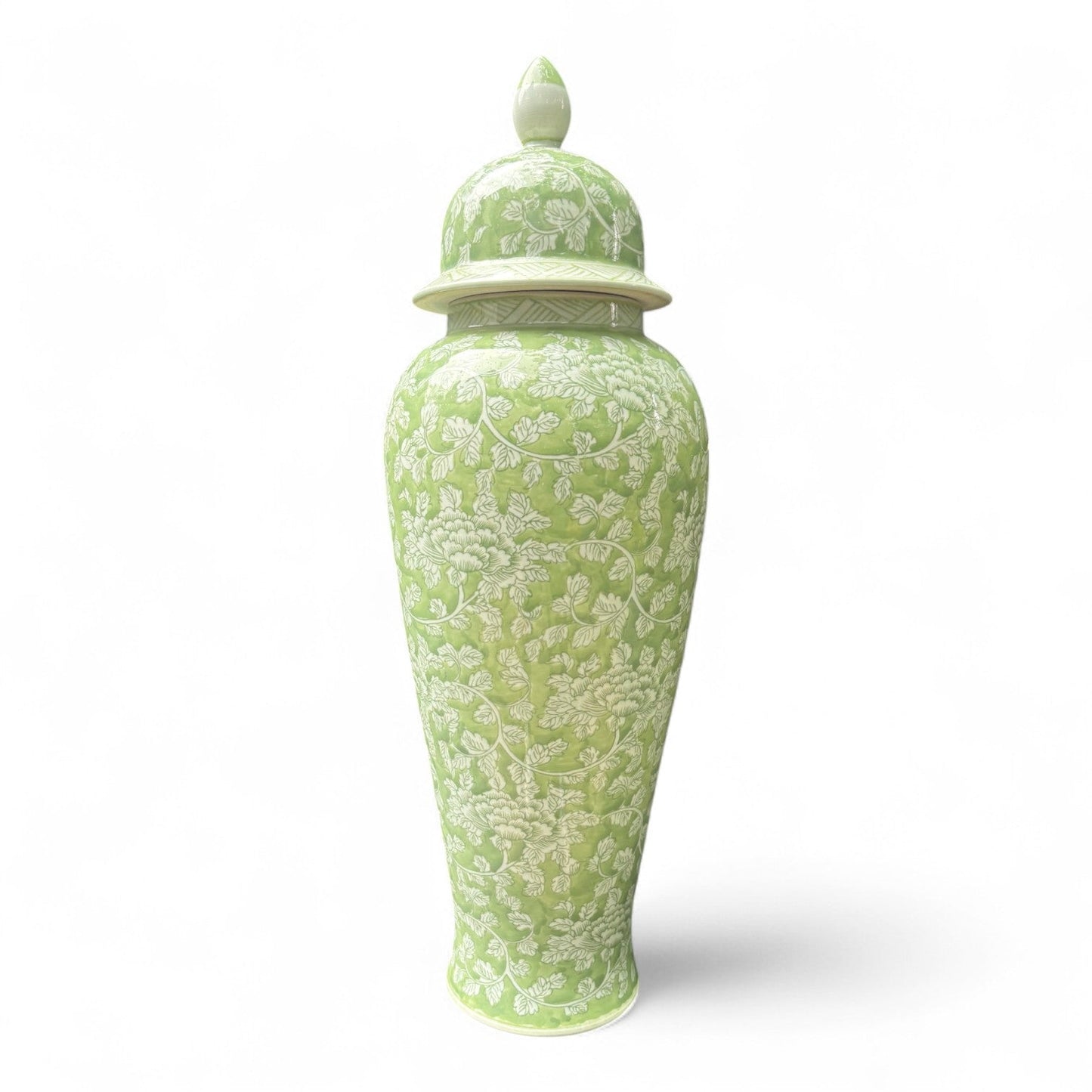 Tall Green and White Porcelain Jar – Hand-Painted Lidded