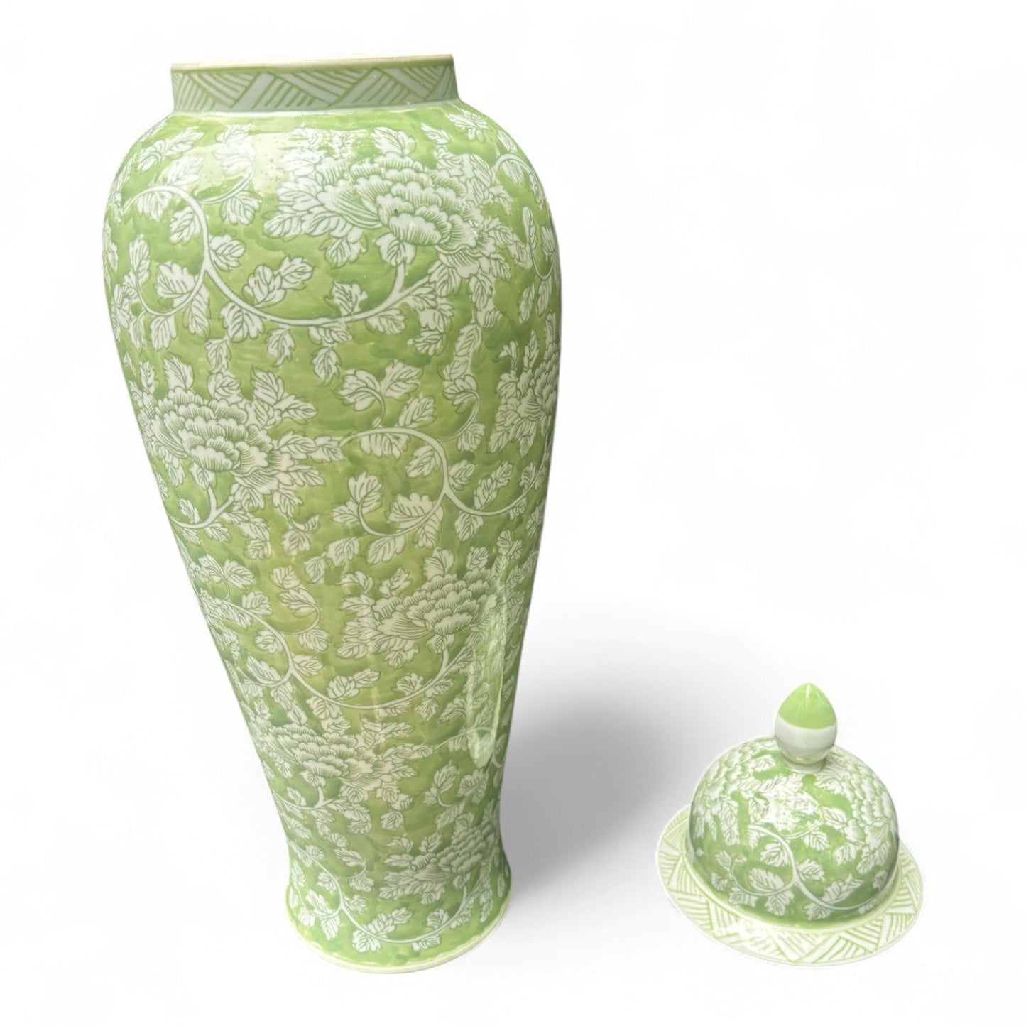 Tall Green and White Porcelain Jar – Hand-Painted Lidded