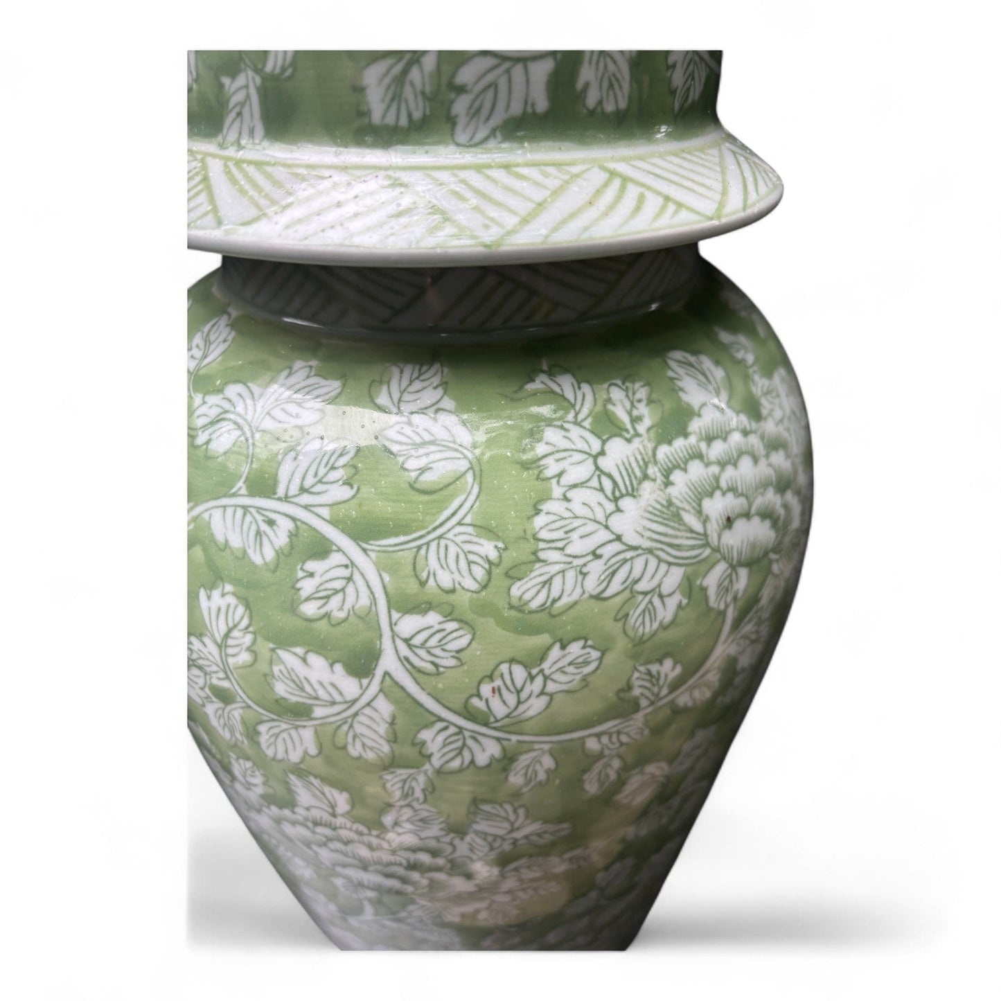 Tall Green and White Porcelain Jar – Hand-Painted Lidded