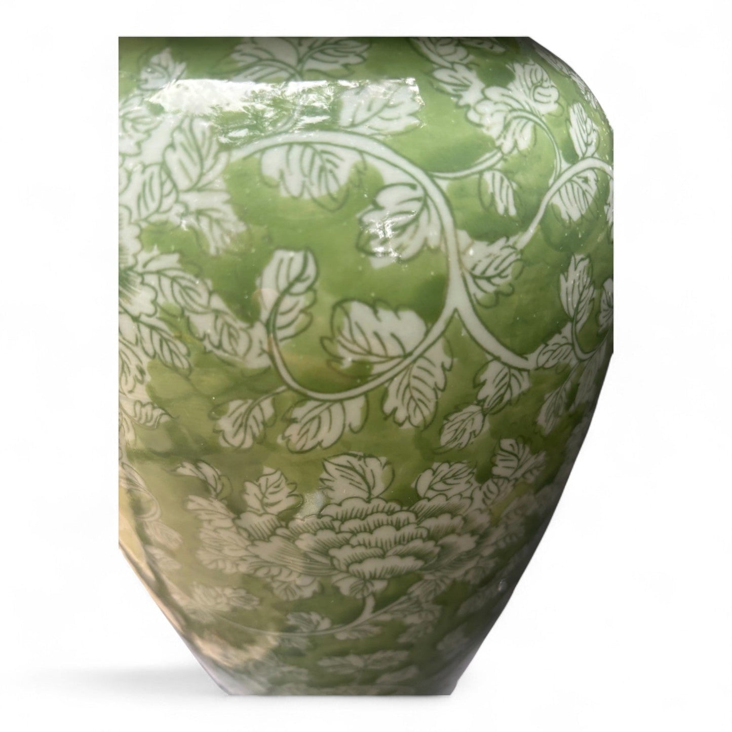 Tall Green and White Porcelain Jar – Hand-Painted Lidded