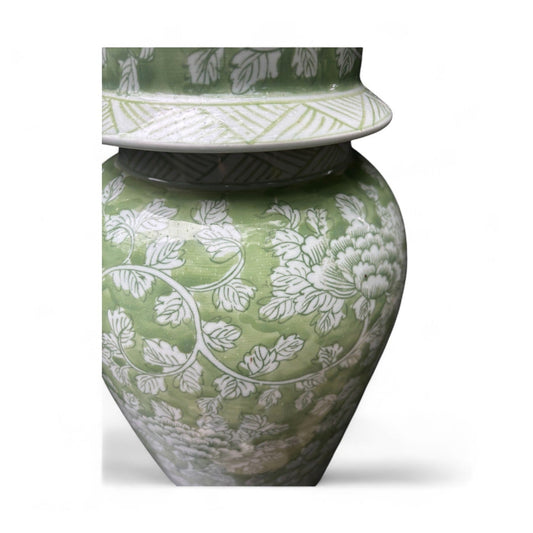 Tall Green and White Porcelain Jar – Hand-Painted Lidded