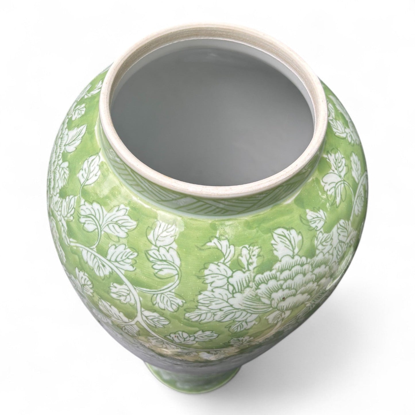 Tall Green and White Porcelain Jar – Hand-Painted Lidded
