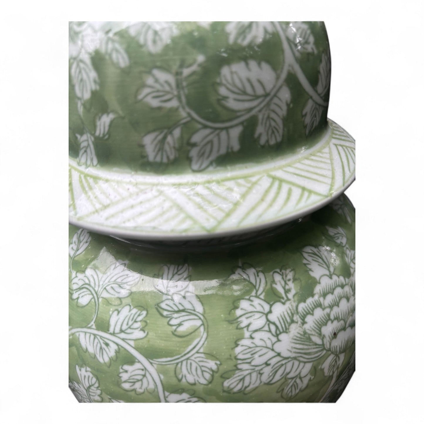 Tall Green and White Porcelain Jar – Hand-Painted Lidded