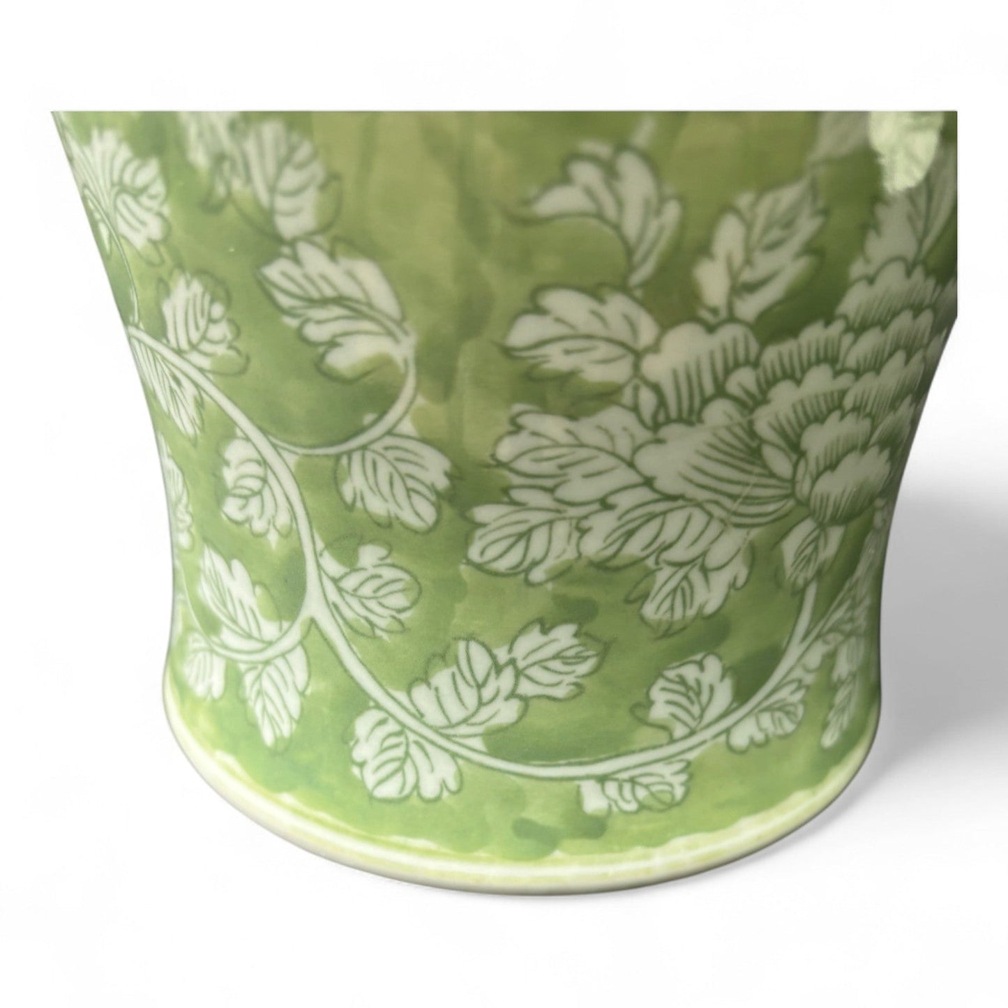 Tall Green and White Porcelain Jar – Hand-Painted Lidded