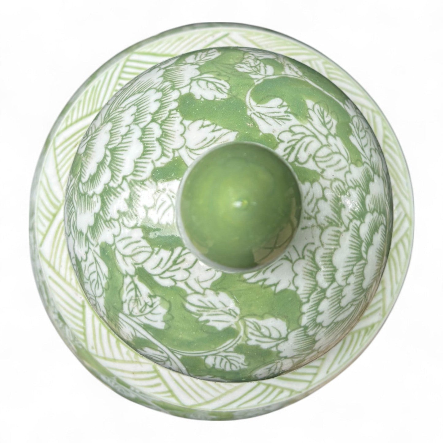 Tall Green and White Porcelain Jar – Hand-Painted Lidded