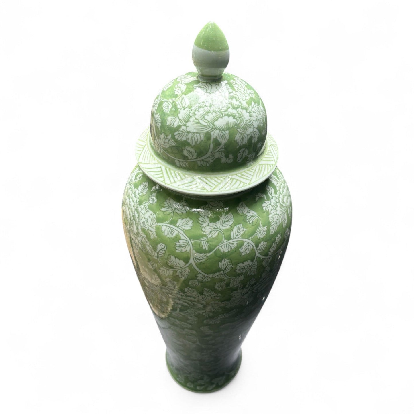Tall Green and White Porcelain Jar – Hand-Painted Lidded