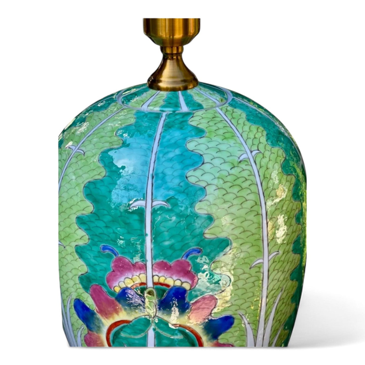 Tall Oval Bok Choy Lamp - Famille Verte Hand-Painted