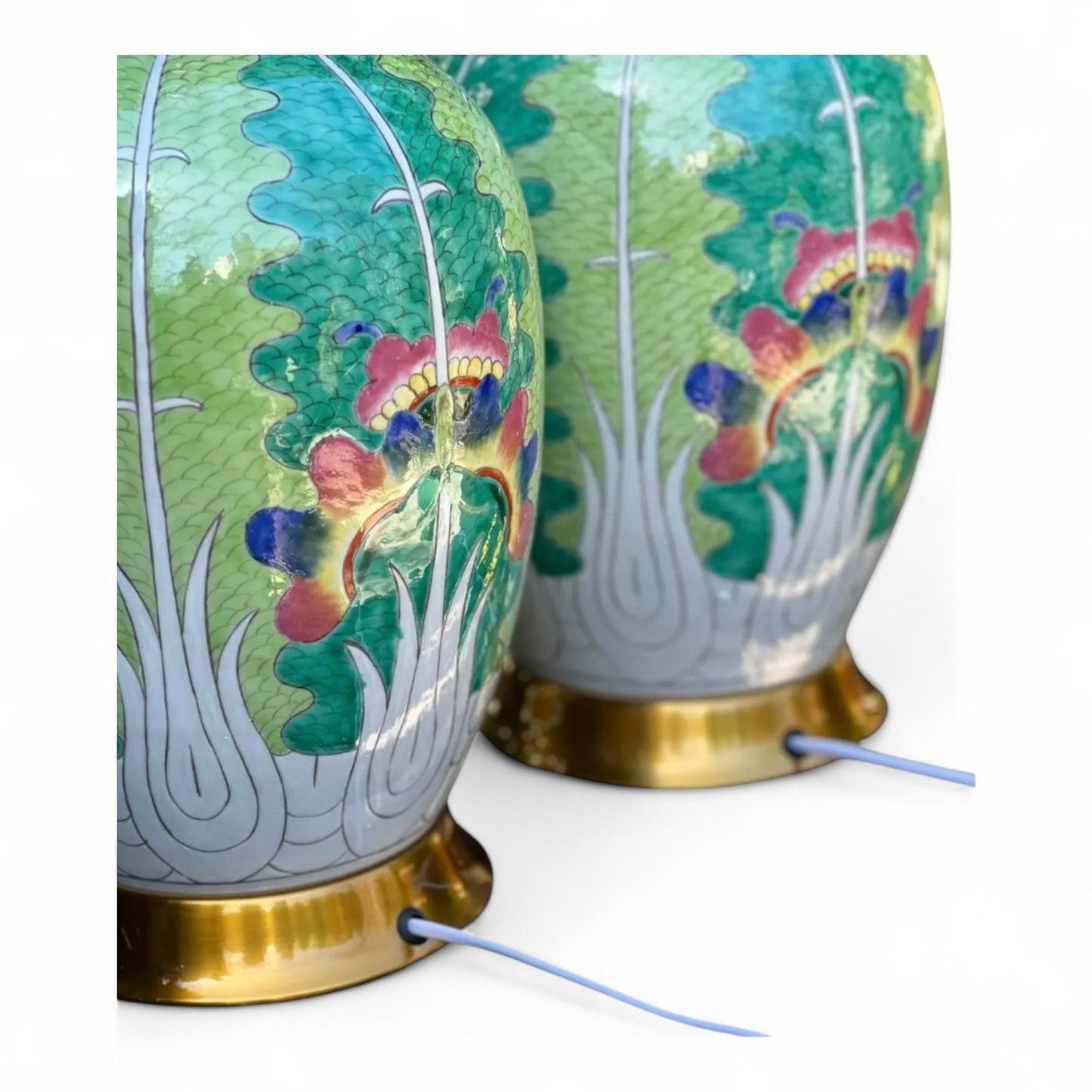 Tall Oval Bok Choy Lamp - Famille Verte Hand-Painted