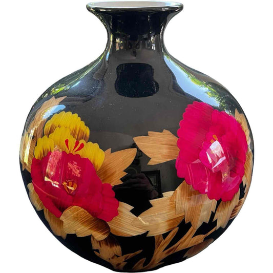 Vibrant Chinese Vase Black High Gloss Finish Pink and Gold