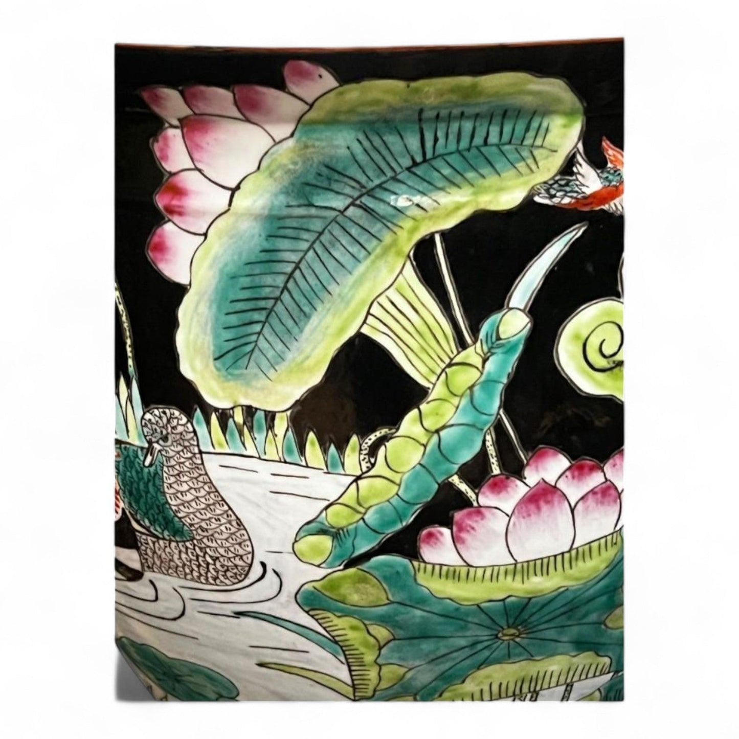 Vintage Hand Painted Black Porcelain Planter Vase Fish Bowl