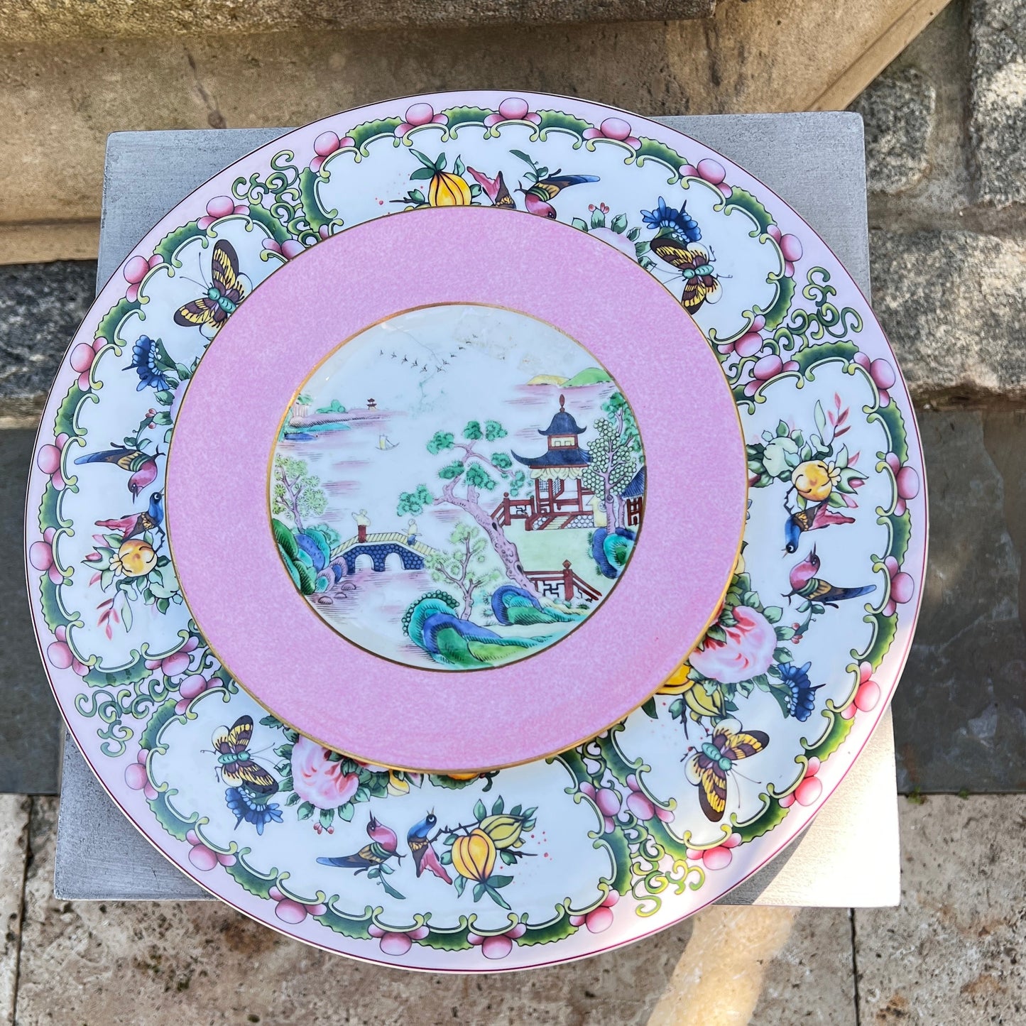 Vintage Staffordshire Pink Pagoda Plates - Set of 4