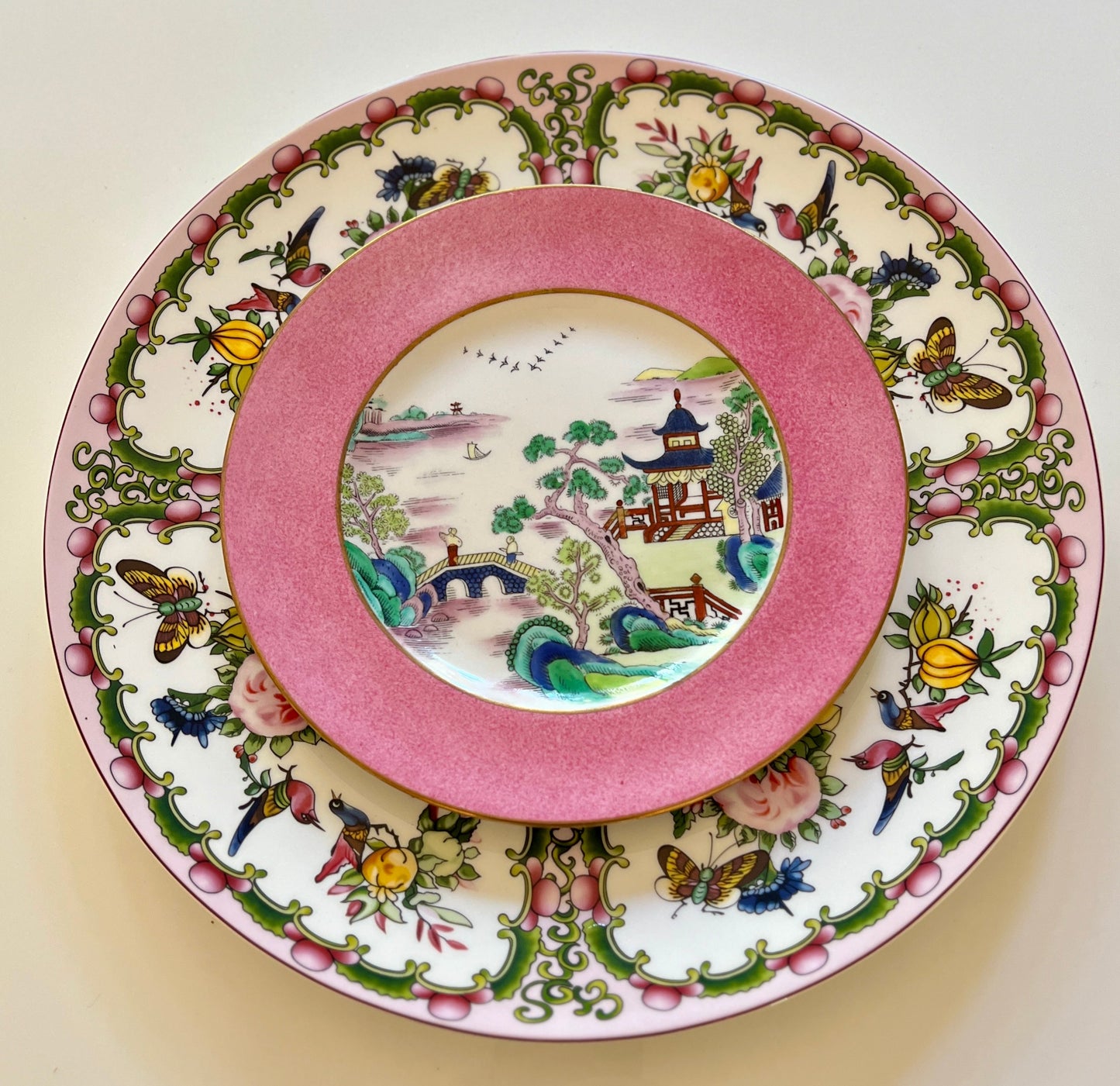 Vintage Staffordshire Pink Pagoda Plates - Set of 4