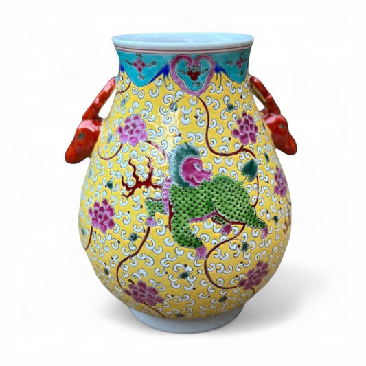 Hand-Painted Porcelain Qilin Vase – Yellow Glaze