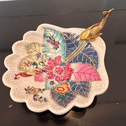 Tobacco Leaf Porcelain and Bronze Jewelery Trinket Bowl Koi Fish