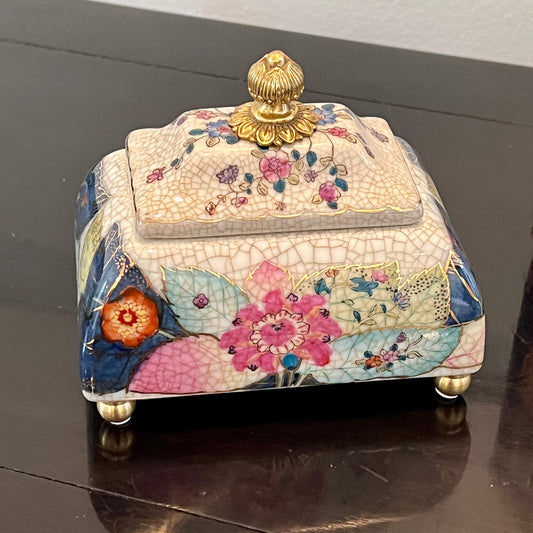 Vintage Tobacco Leaf Porcelain and Bronze Jewelry Trinket Box - Lidded Keepsake