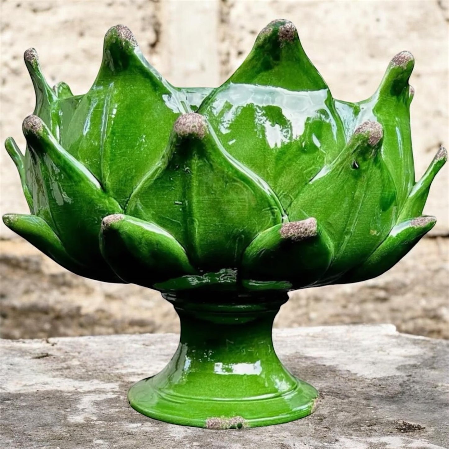Italian Hand-Thrown Majolica Artichoke Pedestal Bowl – Emerald Green