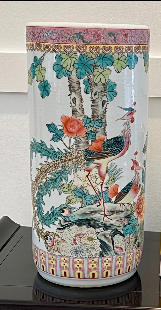 Vintage Hand-Painted Porcelain Umbrella Stand - Bird and Floral Design
