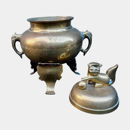 Antique Brass Incense Burner with Foo Dog Lid Top Handle