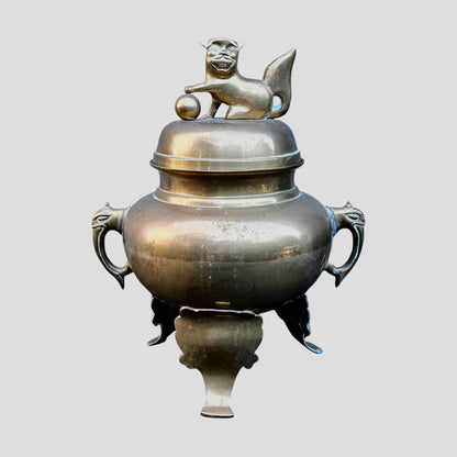 Antique Brass Incense Burner with Foo Dog Lid Top Handle
