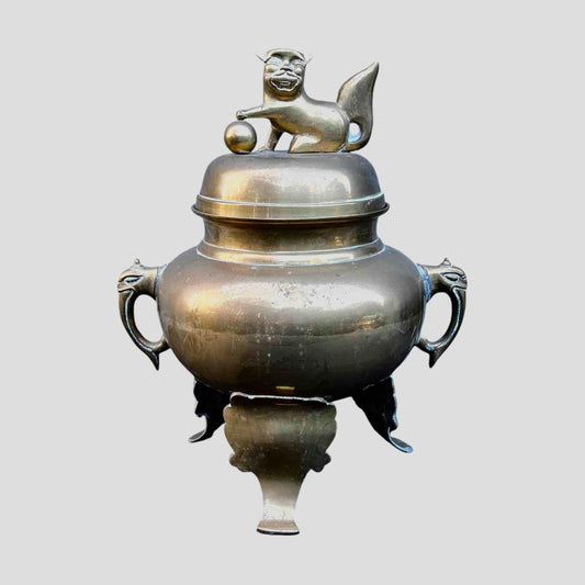 Antique Brass Incense Burner with Foo Dog Lid Top Handle