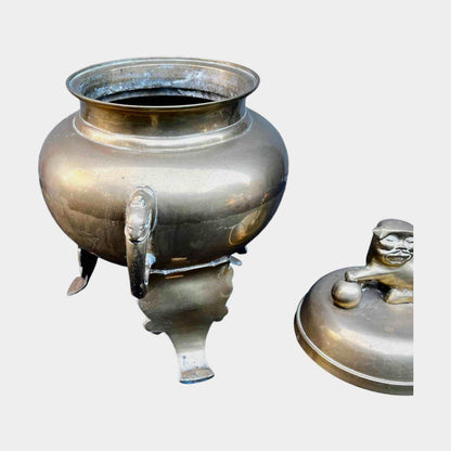 Antique Brass Incense Burner with Foo Dog Lid Top Handle