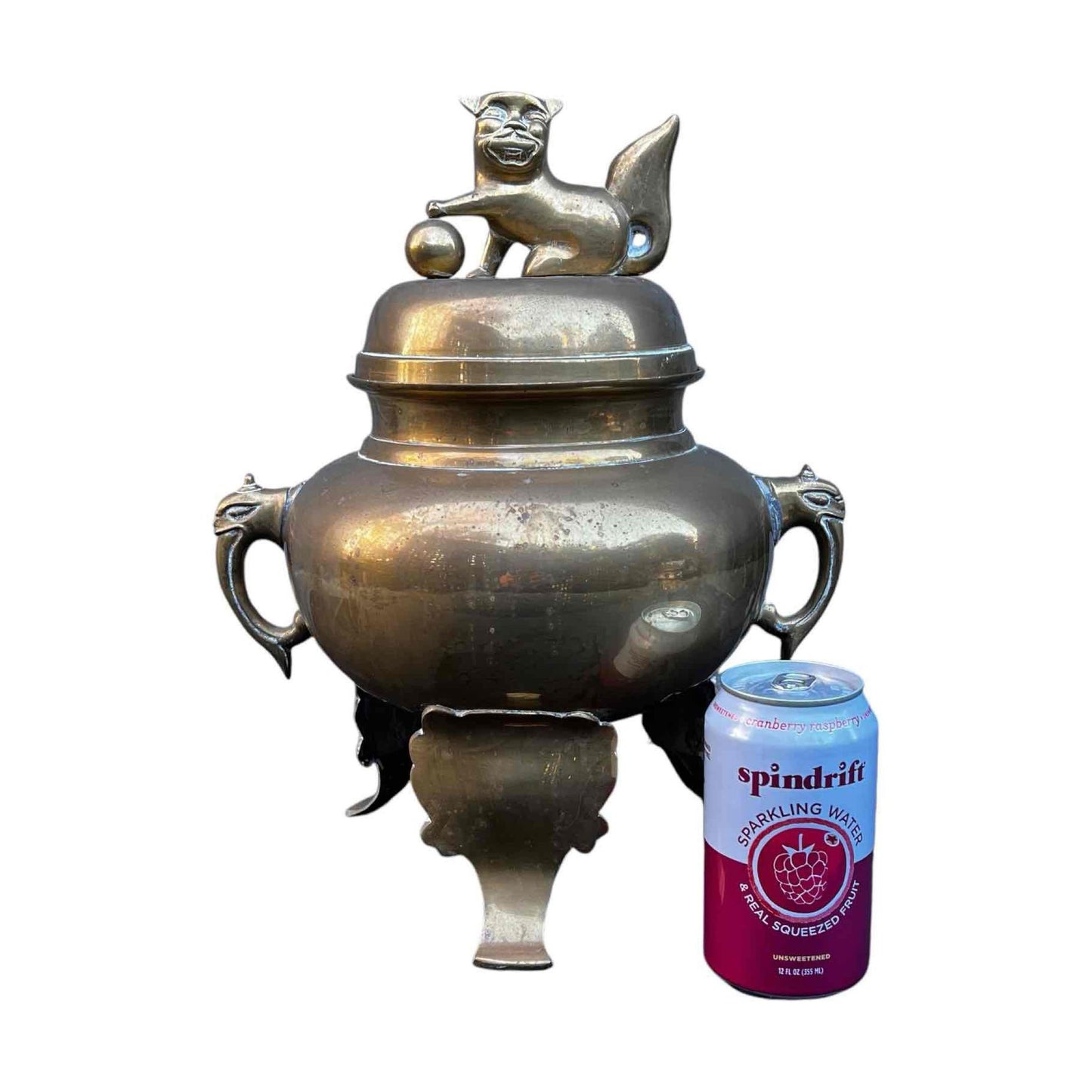 Antique Brass Incense Burner with Foo Dog Lid Top Handle