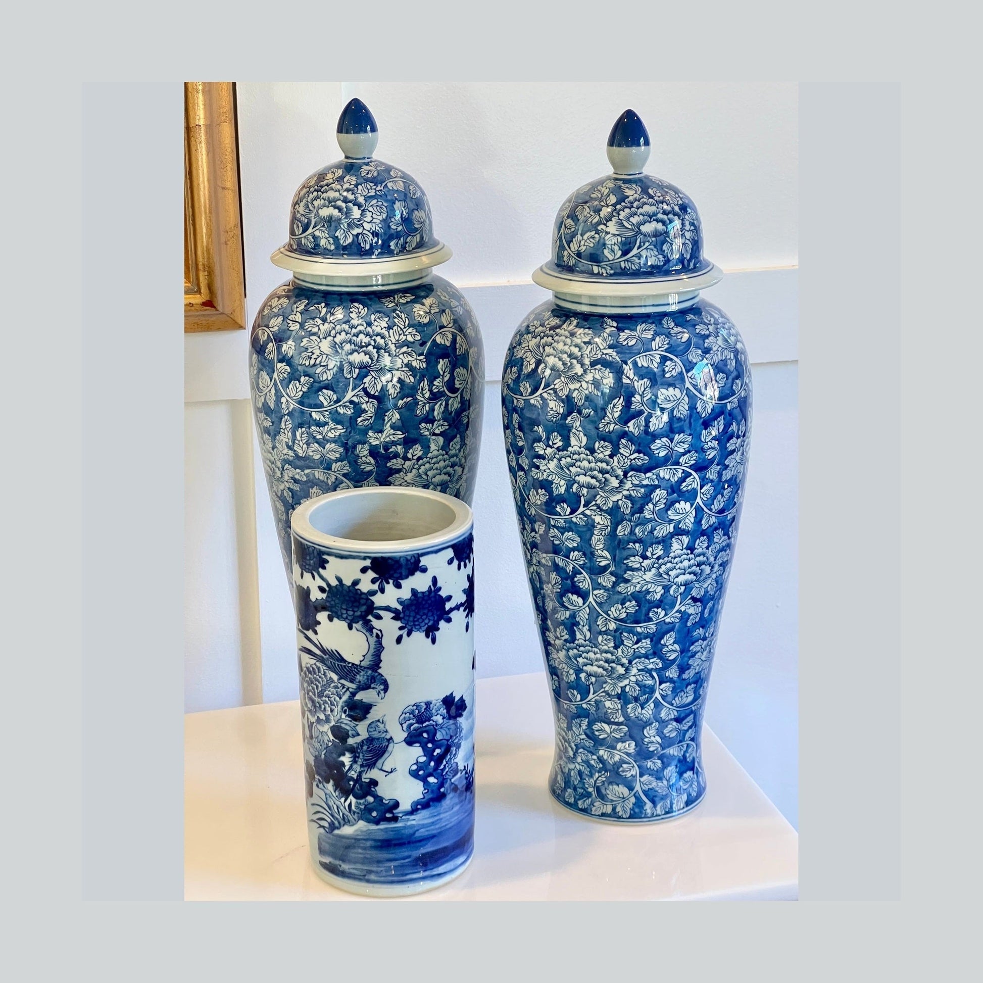 Blue and White Peony and Bird Hat Stand Vase