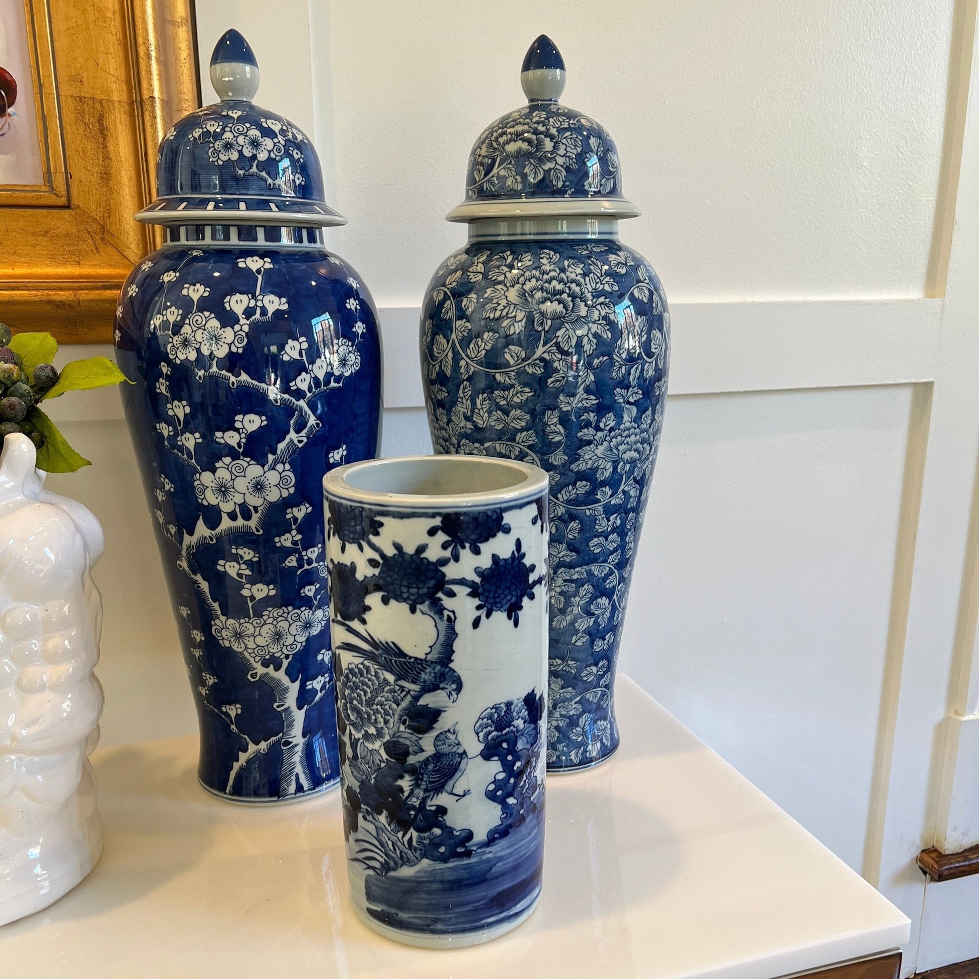 Blue and White Peony and Bird Hat Stand Vase