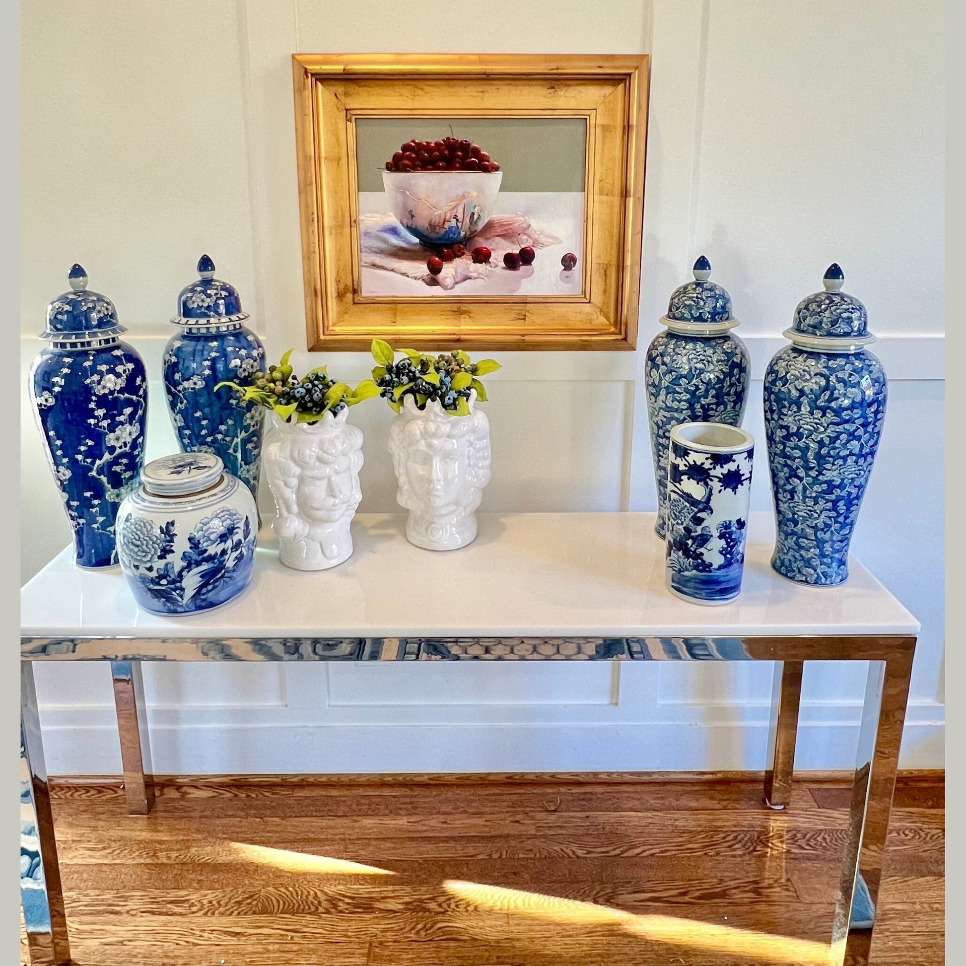 Blue and White Peony and Bird Hat Stand Vase